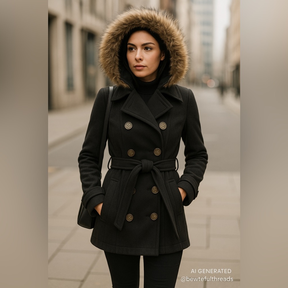 River Island Wool-Blend Belted Coat w/ Faux Fur Hood M | Black Military Style
